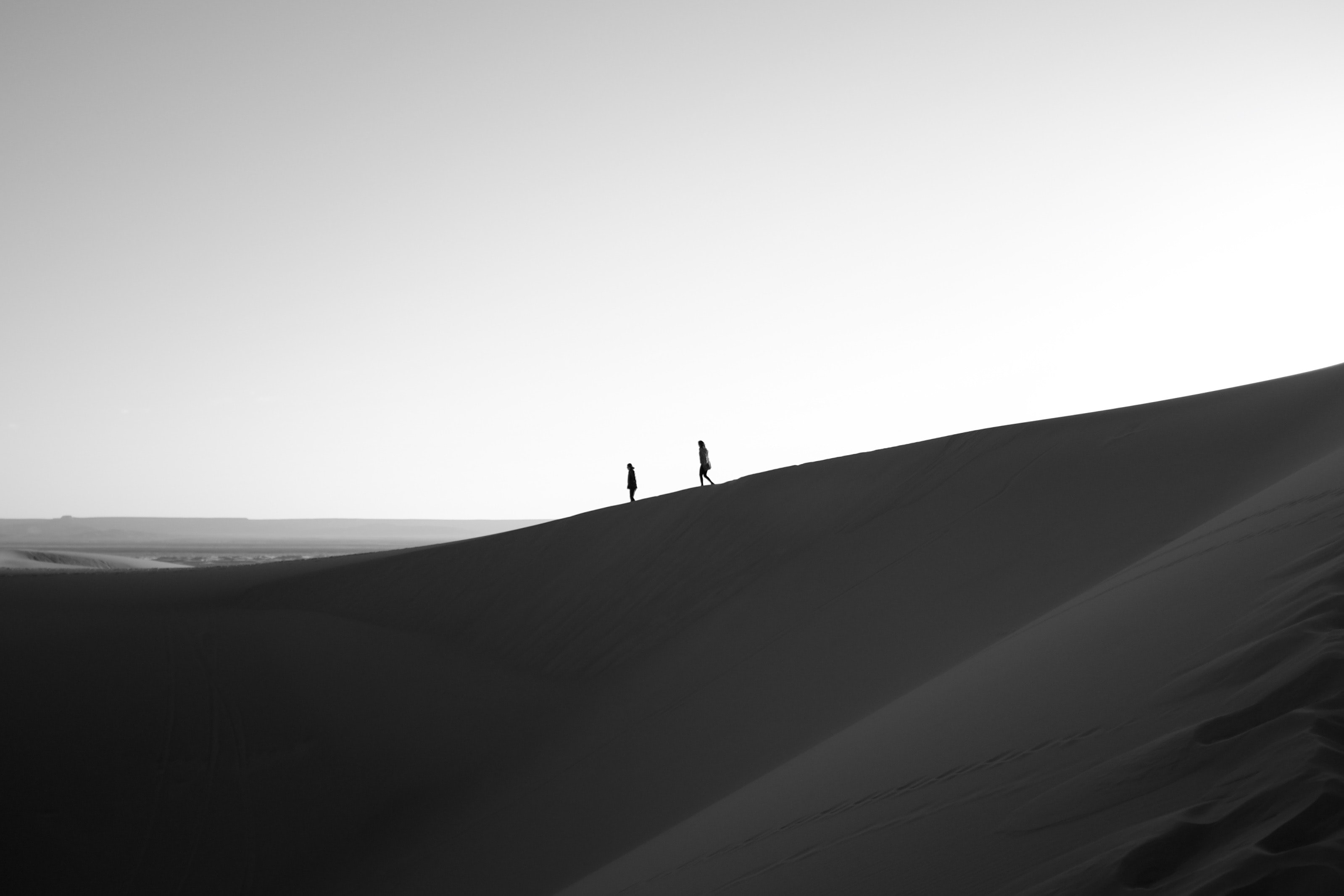 silhouette of two person walking on desert